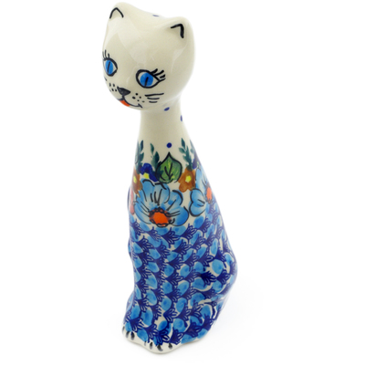 Polish Pottery Cat Figurine 8&quot; Bold Poppies