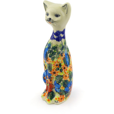 Polish Pottery Cat Figurine 8&quot; Bold Poppies UNIKAT