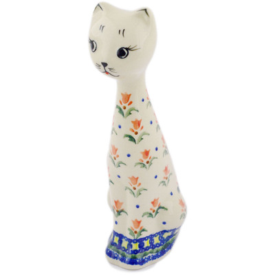 Polish Pottery Cat Figurine 8&quot; Cocentric Tulips