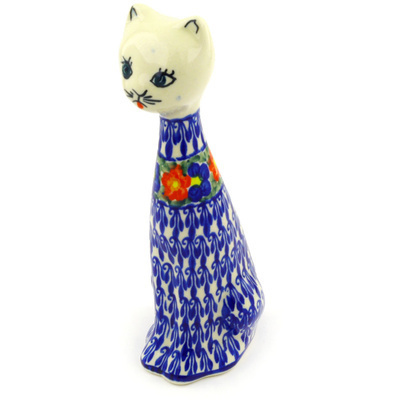 Polish Pottery Cat Figurine 8&quot; Floral Burst