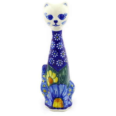 Polish Pottery Cat Figurine 8&quot; Floral Fruit Basket UNIKAT