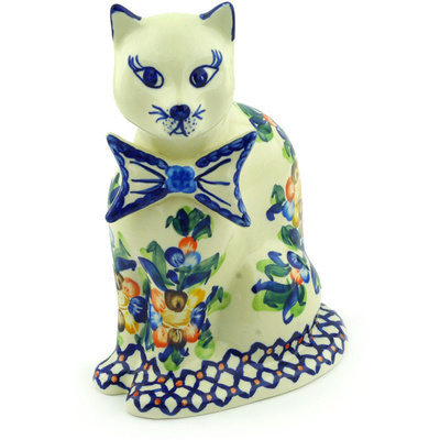 Polish Pottery Cat Figurine 8&quot; Lace Collar UNIKAT