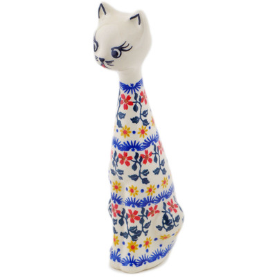 Polish Pottery Cat Figurine 8" Red Sunflower