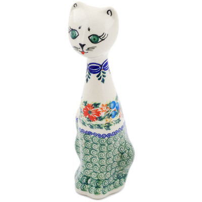 Polish Pottery Cat Figurine 8&quot; Ring Of Flowers UNIKAT