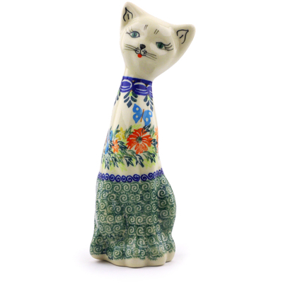 Polish Pottery Cat Figurine 8&quot; Ring Of Flowers UNIKAT