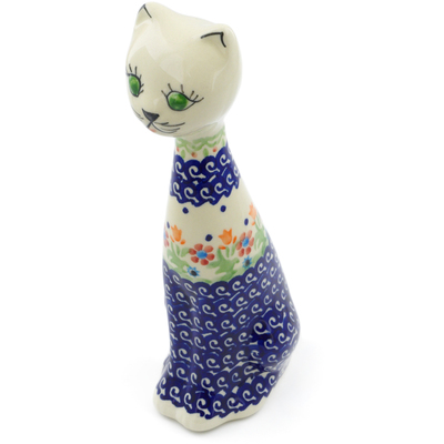 Polish Pottery Cat Figurine 8&quot; Spring Flowers
