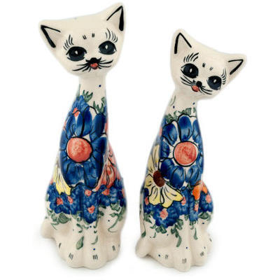 Polish Pottery Cat Figurine 8&quot; Summertime Blues UNIKAT