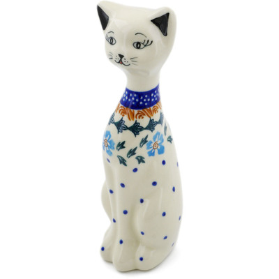 Polish Pottery Cat Figurine 9&quot; Blue Cornflower