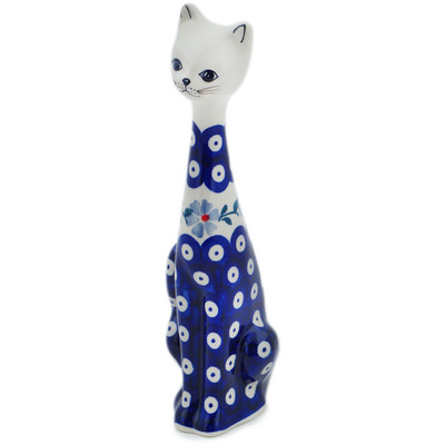 Polish Pottery Cat Figurine 9&quot; Peacock Forget-me-not