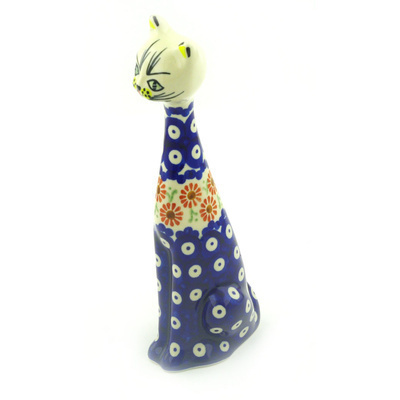 Polish Pottery Cat Figurine 9&quot; Peacock Poppies