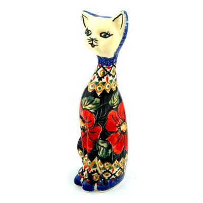 Polish Pottery Cat Figurine 9&quot; Poppy Passion UNIKAT