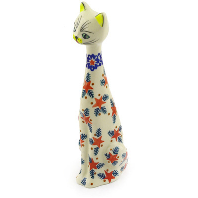 Polish Pottery Cat Figurine 9&quot; Starry Wreath