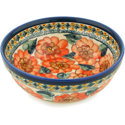 Polish Pottery cereal bowl Peach Poppies UNIKAT