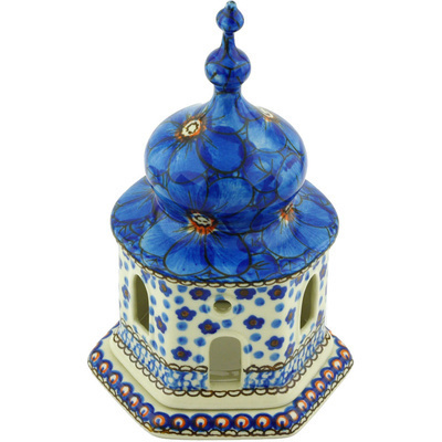 Polish Pottery Chapel Candle Holder 7&quot; Cobalt Poppies UNIKAT