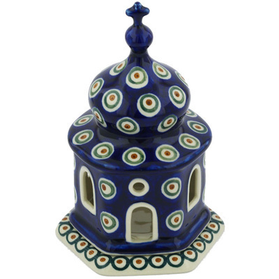 Polish Pottery Chapel Candle Holder 7&quot; Peacock Leaves