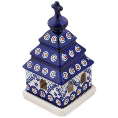 Polish Pottery Chapel Candle Holder 8&quot; Peacock Lattice UNIKAT