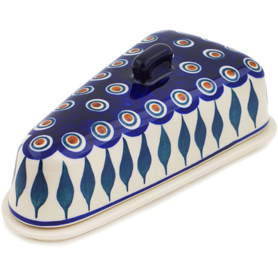 Polish Pottery Cheese Dish 8&quot; Peacock Leaves