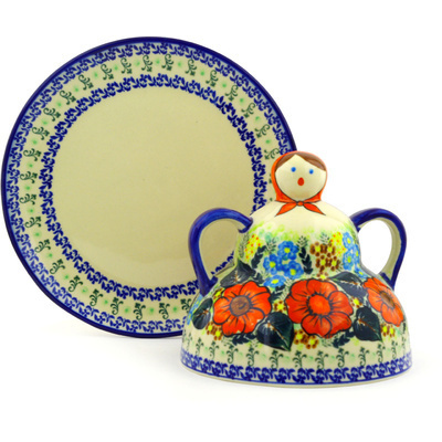 Polish Pottery Cheese Lady 10&quot; Bold Red Poppies UNIKAT