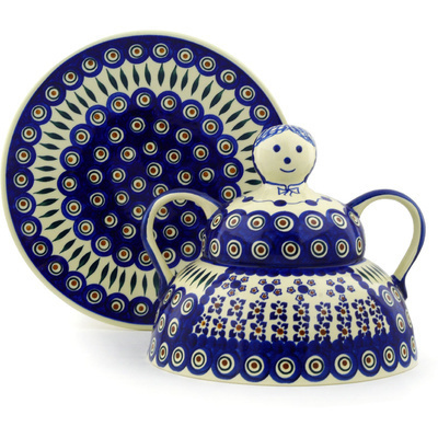 Polish Pottery Cheese Lady 11&quot; Blue Peacock