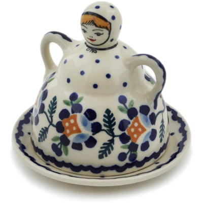 Polish Pottery Cheese Lady 4&quot; Orange And Blue Flower