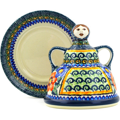 Polish Pottery Cheese Lady 6&quot; Blue And Red Poppies UNIKAT