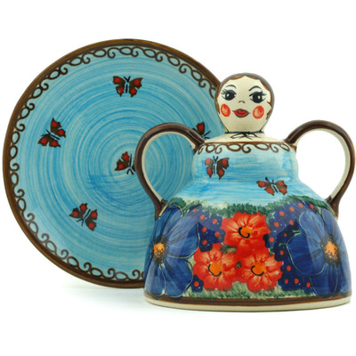 Polish Pottery Cheese Lady 6&quot; Blue Garden UNIKAT