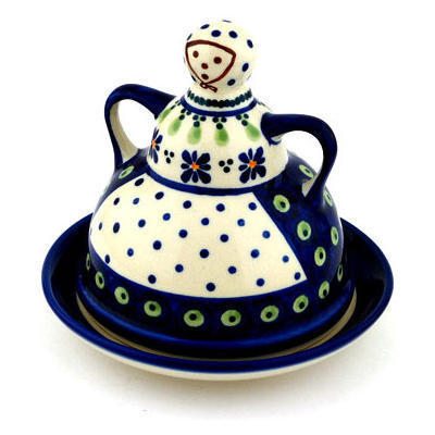 Polish Pottery Cheese Lady 6&quot; Green Gingham Peacock