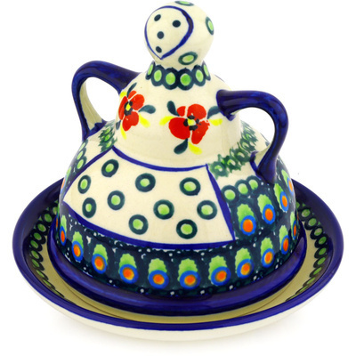 Polish Pottery Cheese Lady 6&quot; Green Peacock Pop