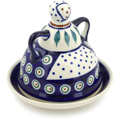Polish Pottery Cheese Lady 6&quot; Peacock Leaves