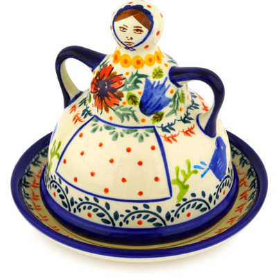 Polish Pottery Cheese Lady 6&quot; Vine Birds UNIKAT