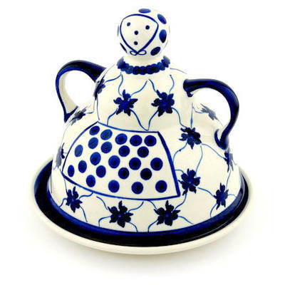 Polish Pottery Cheese Lady 8&quot; Blue Country Trellis