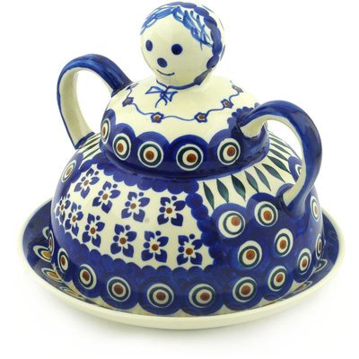 Polish Pottery Cheese Lady 8&quot; Blue Peacock