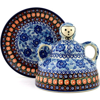 Polish Pottery Cheese Lady 8&quot; Dancing Blue Poppies UNIKAT