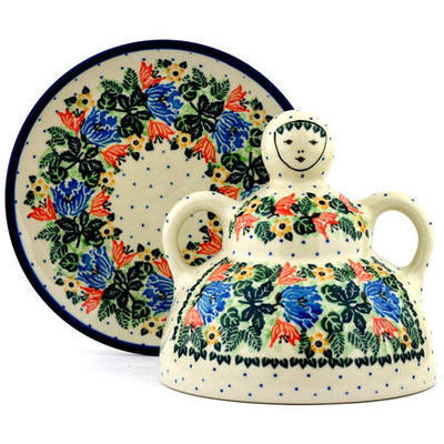 Polish Pottery Cheese Lady 8&quot; Dotted Floral Wreath UNIKAT