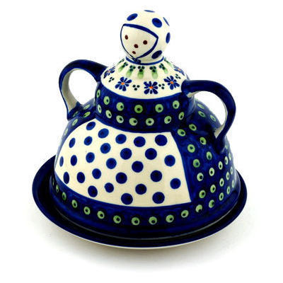 Polish Pottery Cheese Lady 8&quot; Green Gingham Peacock