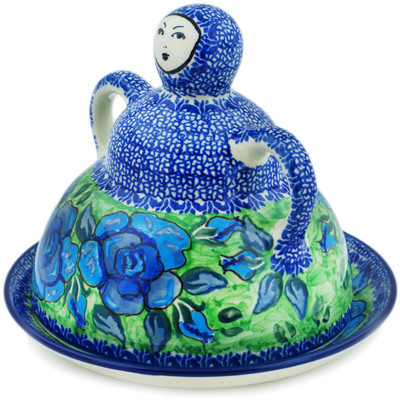 Polish Pottery Cheese Lady 8&quot; Matisse Flowers Cobalt UNIKAT