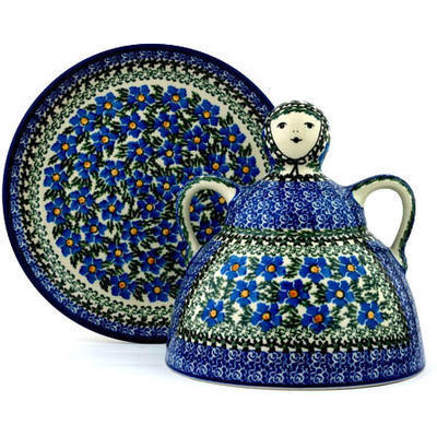 Polish Pottery Cheese Lady 9&quot; Blue Daisy Dream UNIKAT