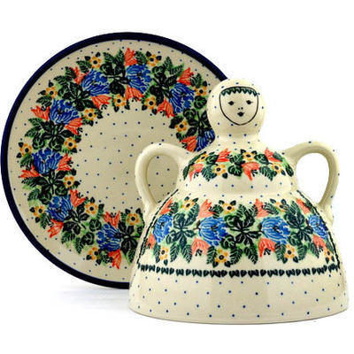 Polish Pottery Cheese Lady 9&quot; Dotted Floral Wreath UNIKAT
