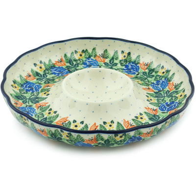Polish Pottery Chip and Dip Platter 10&quot; Dotted Floral Wreath UNIKAT
