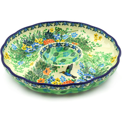 Polish Pottery Chip and Dip Platter 10&quot; Hummingbird Meadow UNIKAT