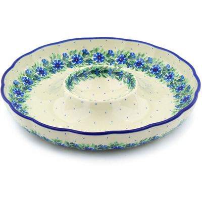 Polish Pottery Chip and Dip Platter 12&quot; Blue Bell Wreath