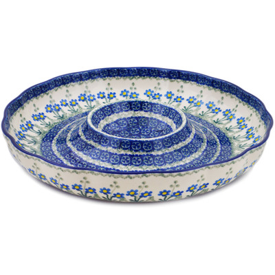 Polish Pottery Chip and Dip Platter 12&quot; Blue Daisy Circle