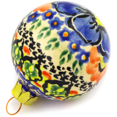 Polish Pottery Christmas Ball Ornament 3&quot; Aztec Flowers UNIKAT