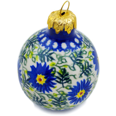 Polish Pottery Christmas Ball Ornament 3&quot; Blue Blossom Globe