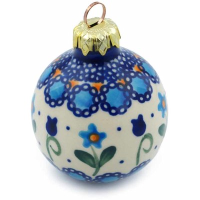 Polish Pottery Christmas Ball Ornament 3&quot; Blue Tulip Garden UNIKAT