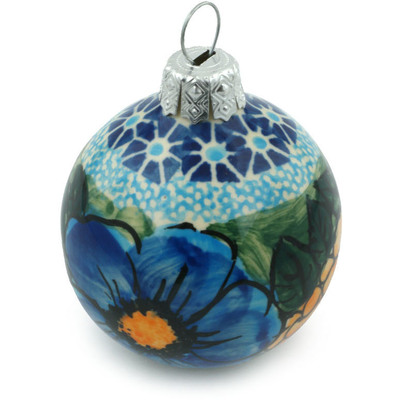 Polish Pottery Christmas Ball Ornament 3&quot; Corn In The Blue UNIKAT