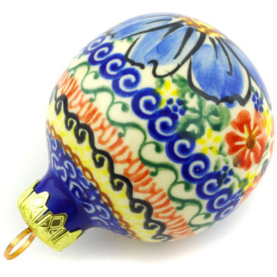 Polish Pottery Christmas Ball Ornament 3&quot; Festive Forget-me-not UNIKAT