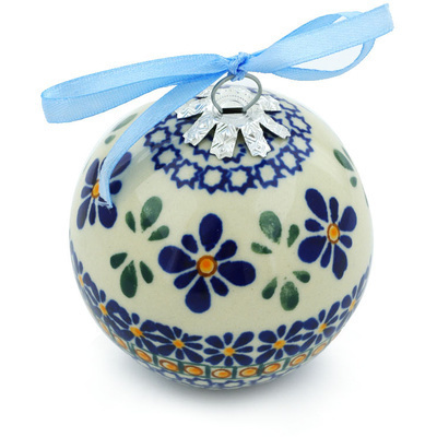 Polish Pottery Christmas Ball Ornament 3&quot; Gangham Flower Chain