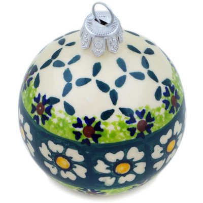 Polish Pottery Christmas Ball Ornament 3&quot; Green Daisy UNIKAT