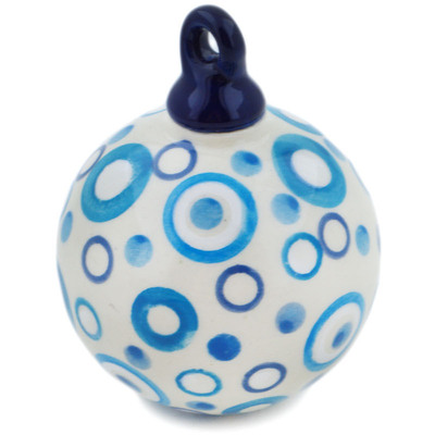 Polish Pottery Christmas Ball Ornament 3&quot; Groovy Blues UNIKAT